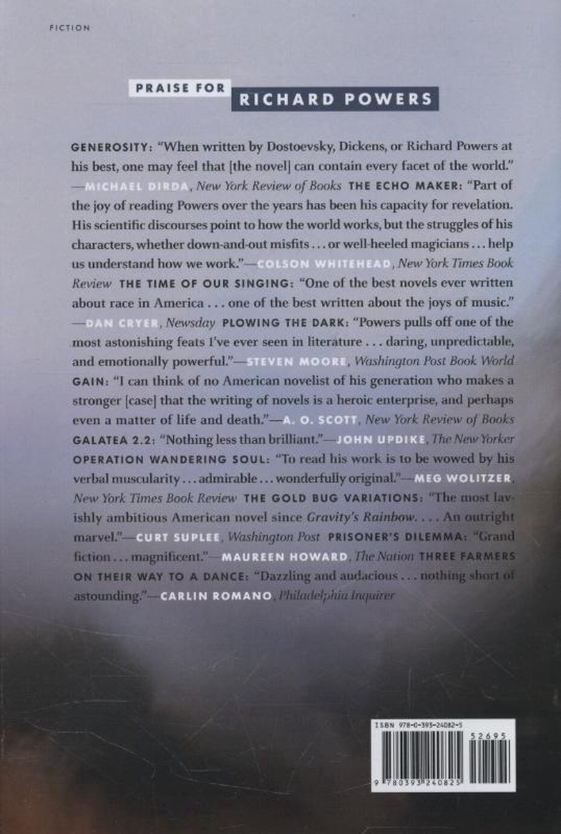 Boekrug met lofprijzingen voor Richard Powers, met citaten van Michael Dirda, Colson Whitehead, Dan Cryer, Steven Moore, A. O. Scott, John Updike, Meg Wolitzer en Carlin Romano.