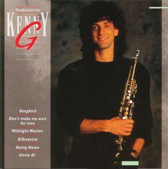 Kenny G met saxofoon, in zwart shirt, met de titel "The Collection" en een nummerlijst.