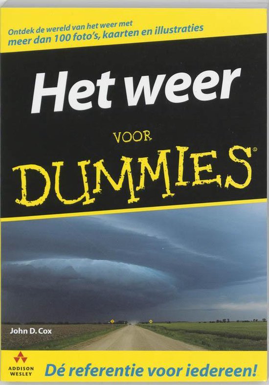 De omslag van het boek "Het weer voor Dummies", met een foto van een donkere, dreigende lucht boven een landweg.