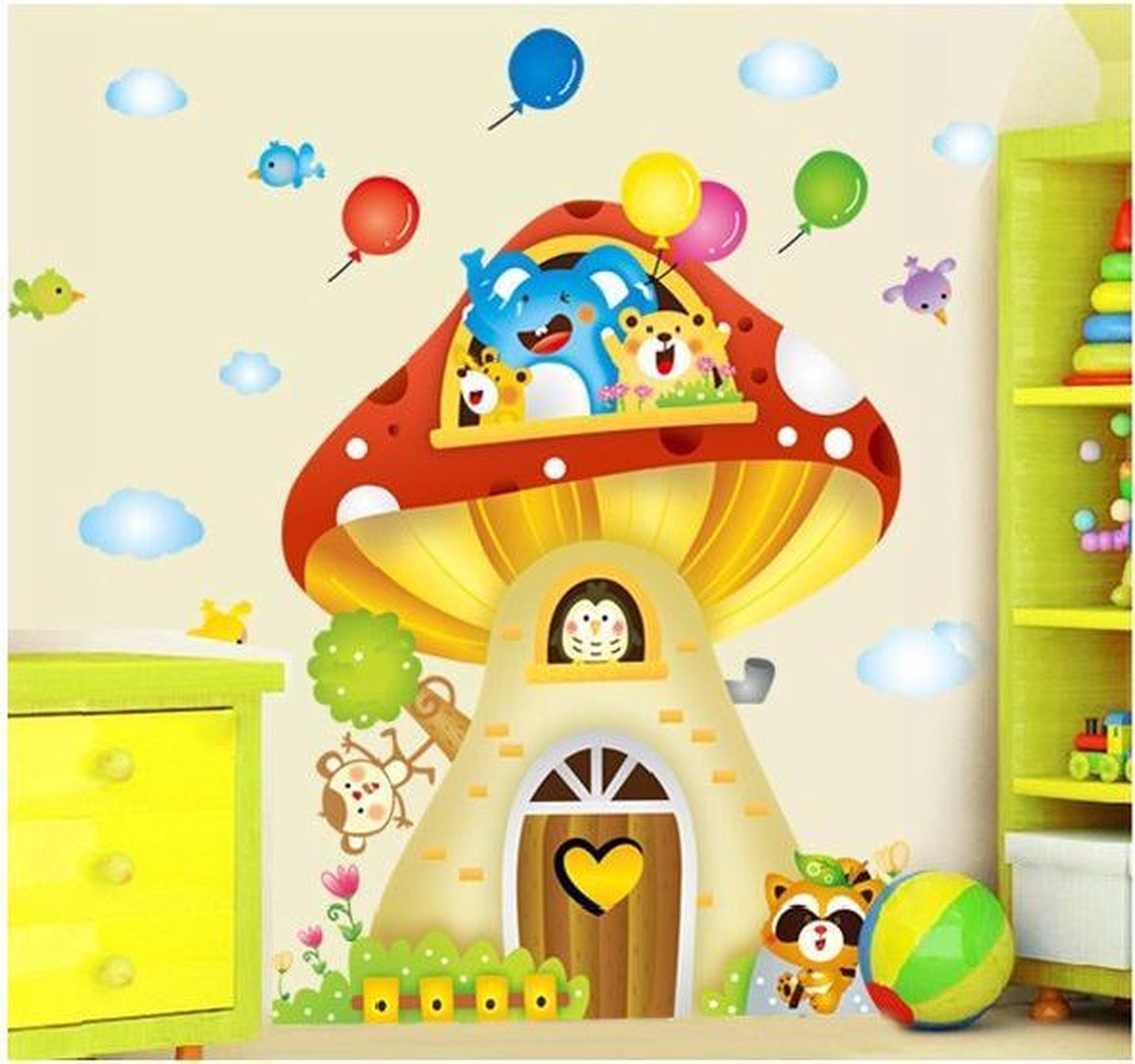 Muursticker Paddenstoel Met Dieren - Muursticker kinderkamer babykamer