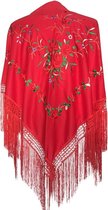 Spaanse manton  - omslagdoek - rood met rode rozen bij verkleedkleding of flamenco jurk