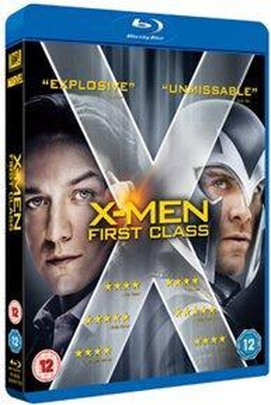 X-MEN FIRST CLASS Blu-ray hoes met James McAvoy en Michael Fassbender. Twee mannen kijken naar voren, met een grote X erachter.