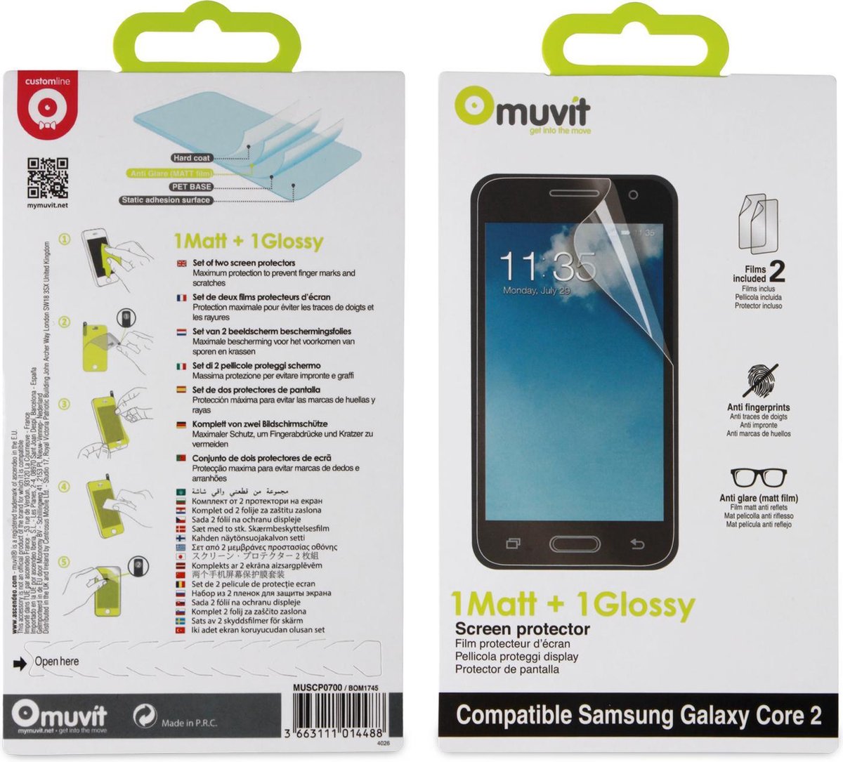 Muvit duo screen protector (1 mat + 1 glossy) voor Samsung G355 Galaxy Core 2