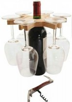 Wijnglas en fleshouder- houten bord inclusief kurkentrekker en 6 wijnglazen