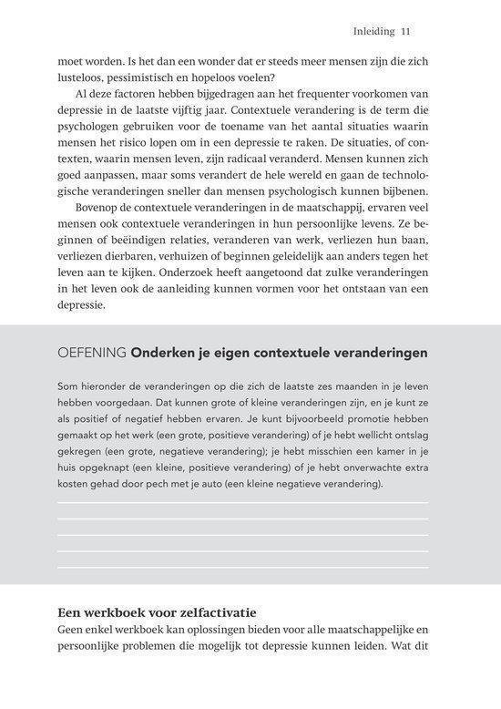 Pagina 11 van het werkboek met tekst over depressie en contextuele veranderingen.