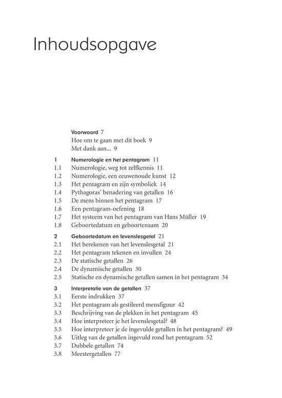 Tafel van inhoudsopgave voor een boek over numerologie en het pentagram, beginnend met de hoofdstukken 'Voorwoord' en 'Numerologie en het pentagram'.
