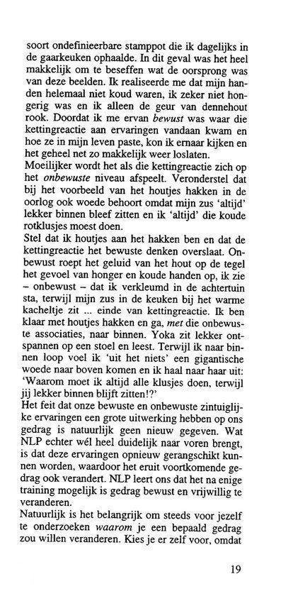 Pagina 19 van het boek 'Het ABC van NLP', met tekst over kettingreacties en NLP.