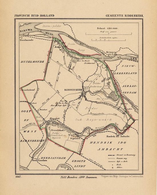 Historische kaart, plattegrond van gemeente Ridderkerk in Zuid Holland uit 1867 door Kuyper van Kaartcadeau.com