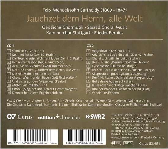 Achterkant van de albumhoes van Felix Mendelssohn Bartholdy - Jauchzet dem Herrn, alle Welt. Tracklist, uitvoerders en labelinformatie.