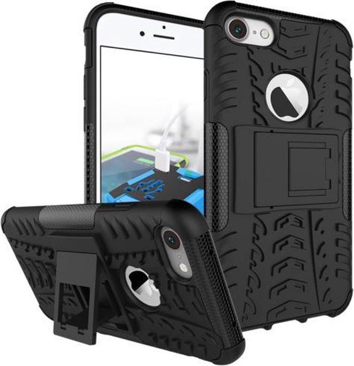 Rugged Kickstand Back Cover - Geschikt voor iPhone 8 / 7 Hoesje - Zwart
