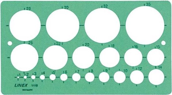 Groene Linex cirkelsjabloon 1118 met 22 cirkels van 1 tot 35mm.