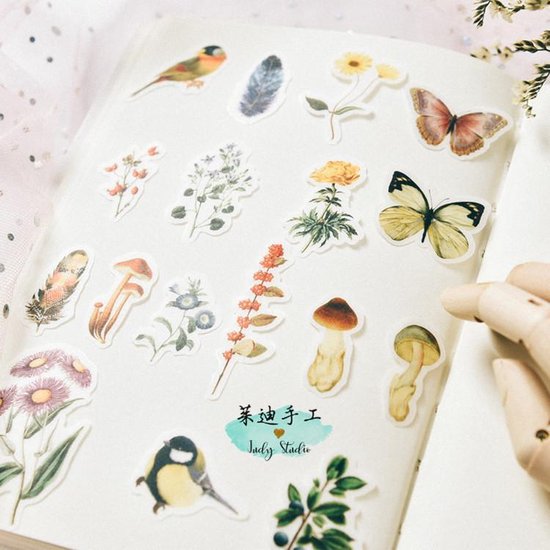 Sticker vel met vogels, vlinders, veren, paddenstoelen en bloemen.