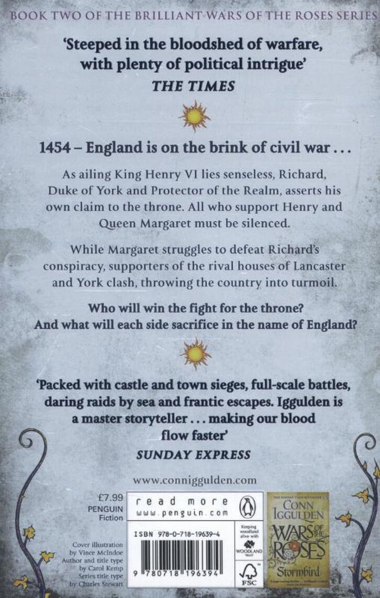 Achterkant van het boek 'Wars of the Roses Trinity', met de tekst 'Book Two of the Brilliant Wars of the Roses' en recensies.