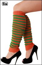 5x Paar Beenwarmers oranje/groen smalle streep Clarcke - Been warmer festival thema feest disco fun kleding accesoires