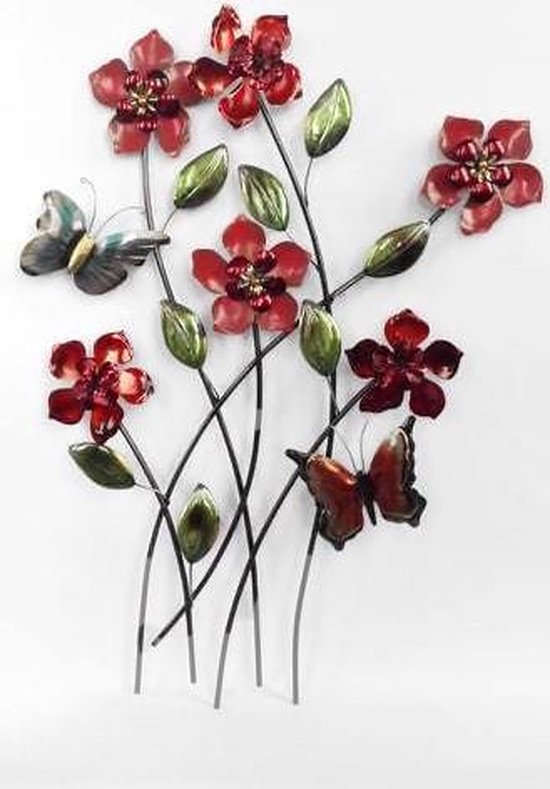 Metalen wanddecoratie takken met bloemen en vlinders - 61 x 80 cm | bol.com