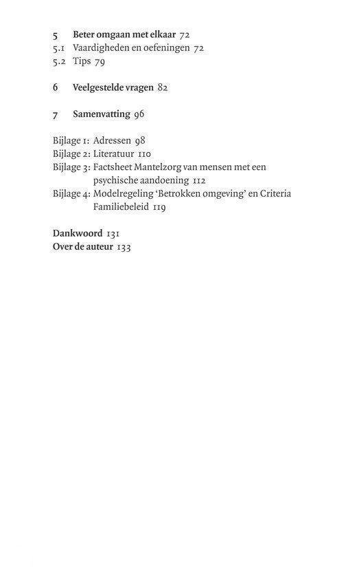 Tekstpagina uit een boek met de inhoudsopgave, met secties als 'Beter omgaan met elkaar', 'Veelgestelde vragen' en 'Samenvatting'.