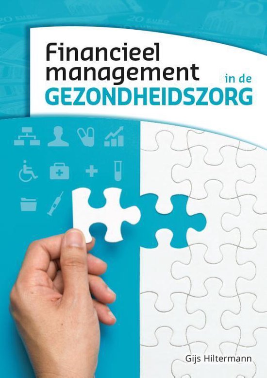 Boekomslag 'Financieel management in de gezondheidszorg' met puzzelstukjes en zorgsymbolen.