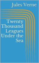 Boekcover van 'Twenty Thousand Leagues Under the Sea' door Jules Verne, met oranje lijnen op een blauwe achtergrond.