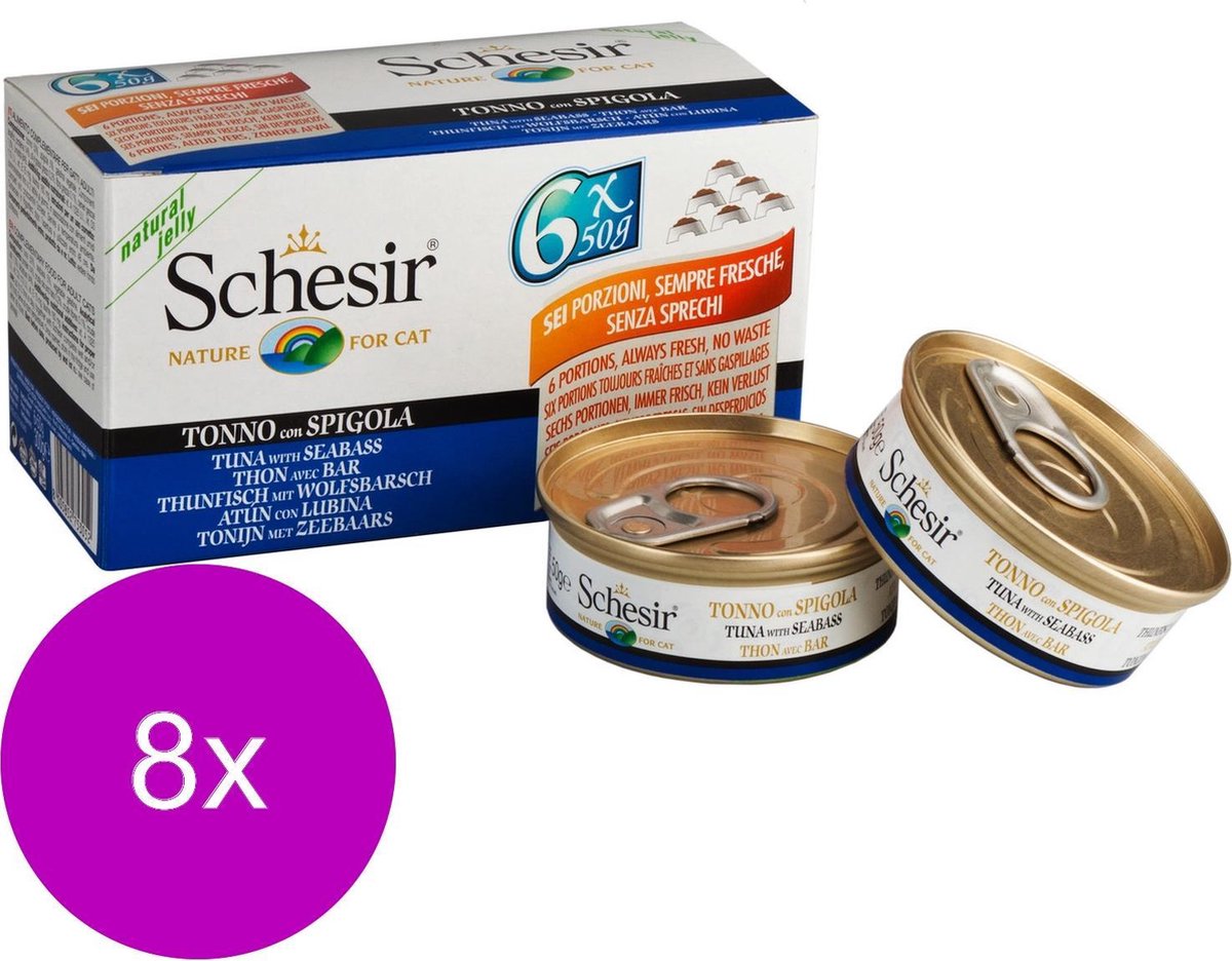 Schesir Kat Mp Blik Gelei 6×50 g – Kattenvoer – 8 x Tonijn&Baars