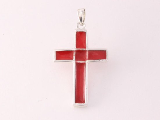 Pendentif En Argent 925 - Croix Avec Corail Rouge Naturel 5x7 Mm - Modèle AGDV 0230 - Delmaoro - Neuf Avec étiquette