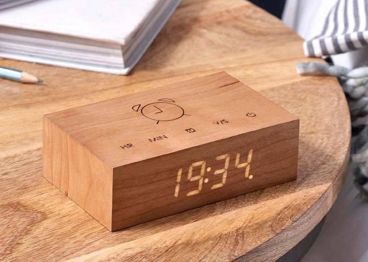 Gingko Wekker - Alarmklok Flip Click Clock kersenhout - oplaadbaar