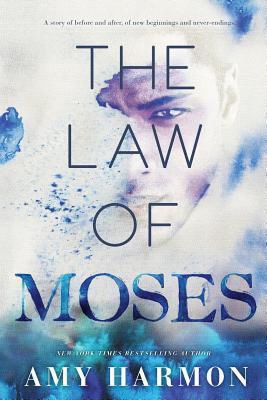 Boekcover van "The Law of Moses" met een close-up van een jonge man en blauwe verfspatten.
