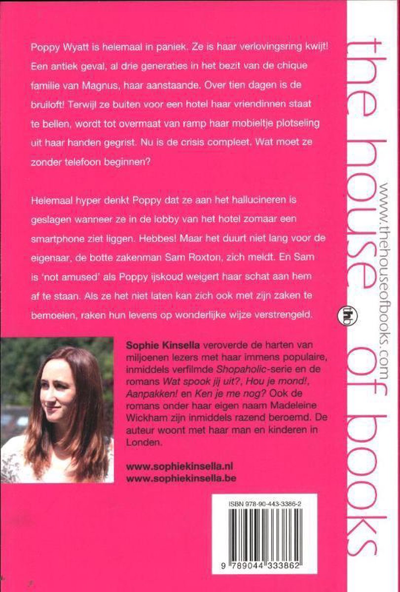 Achterkant boekcover met foto van Sophie Kinsella en tekst.