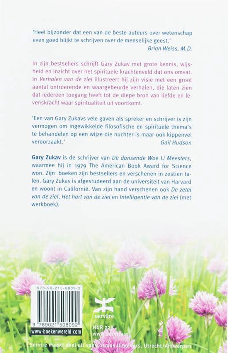 Achterkant van het boek 'Verhalen van de ziel' met teksten en bloemen.