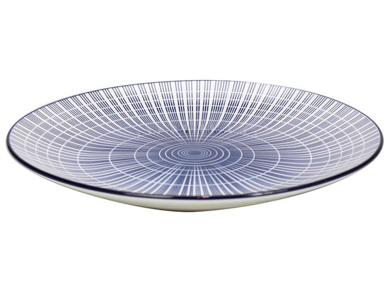 Blauw-wit dinerbord met spakenpatroon op schuine weergave, 26,5 cm.
