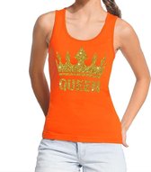 Oranje Koningsdag Queen tanktop shirt/ singlet met gouden glitters dames - Oranje Koningsdag kleding L