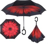Smartplu - Grote Storm Paraplu - Zwart met Rode Bloem. De omkeerbare innovatieve, ergonomische stormparaplu - 105cm - 12288-D