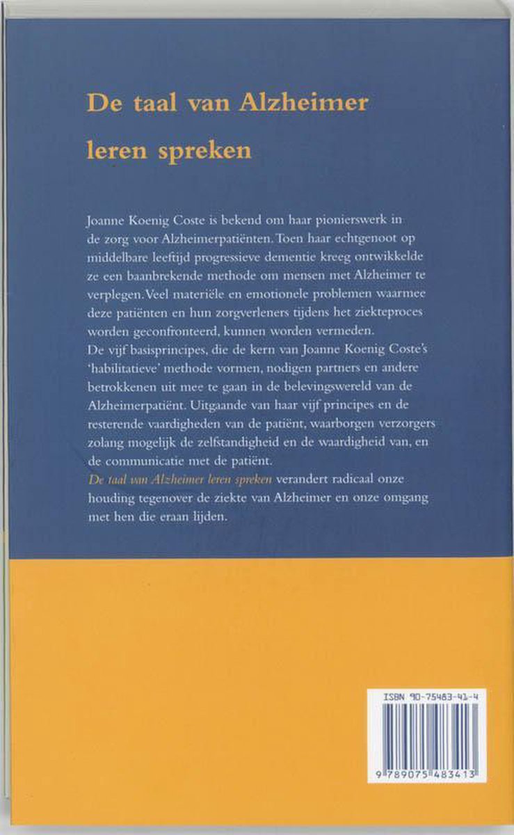 Achterkant van een boek met de titel 'De taal van Alzheimer leren spreken' en beschrijvende tekst.