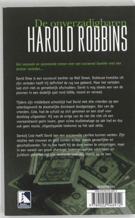 Achterkant boekcover met tekst en stapels dollars. Titel: De onverzadigbaren van Harold Robbins.