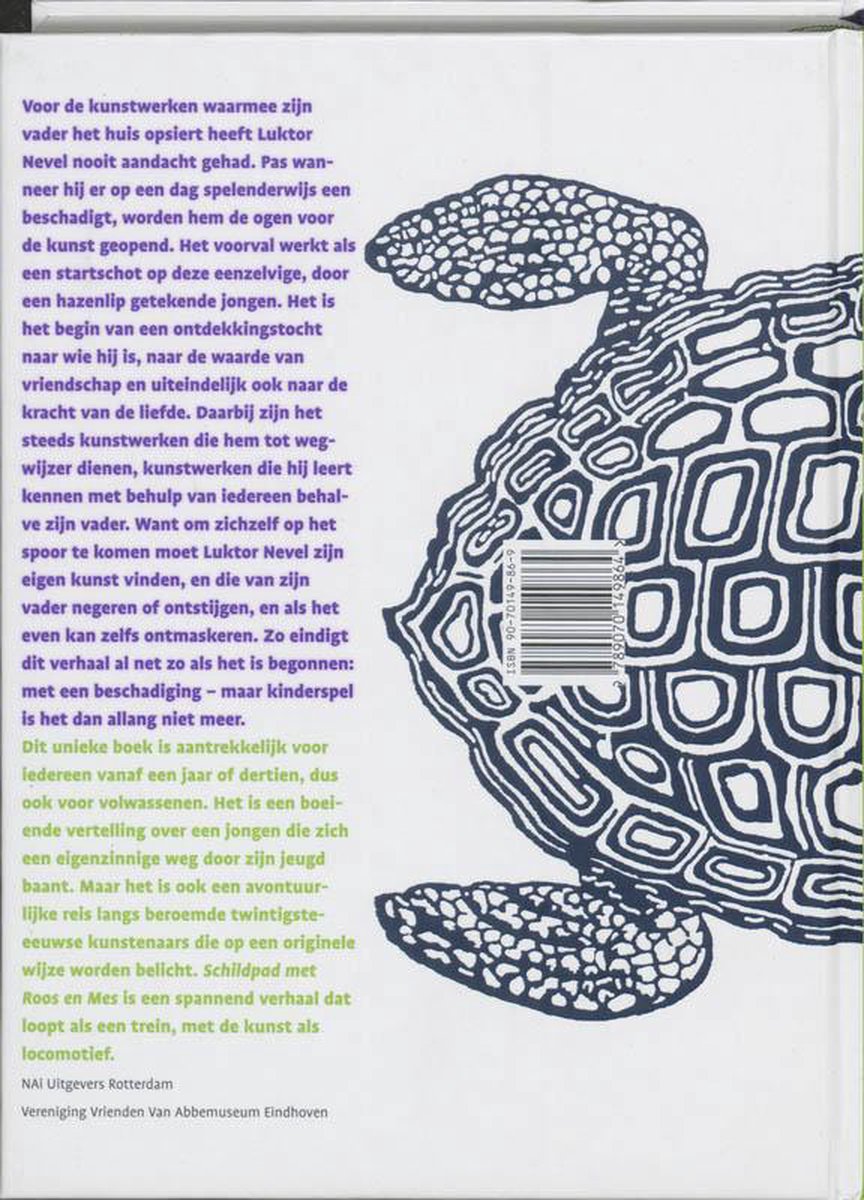 Achterkant van het boek "Schildpad met Roos en Mes" met tekst en een deel van de illustratie van een schildpad.