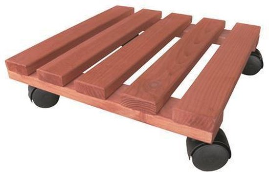 Houten plantentrolley van vurenhout met vier zwarte zwenkwielen. De trolley heeft een open, lattenstructuur.
