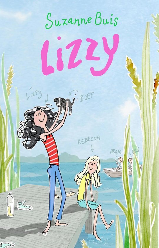 Boekomslag 'Lizzy' van Suzanne Buis met een meisje dat een hondje optilt.