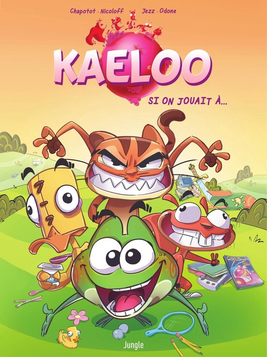 La couverture de la BD Kaeloo présente les personnages Kaeloo, Stuffy, M. Chat, et Eugly dans un style cartoon ludique avec le titre "KAELOO SI ON JOUAIT À..."
