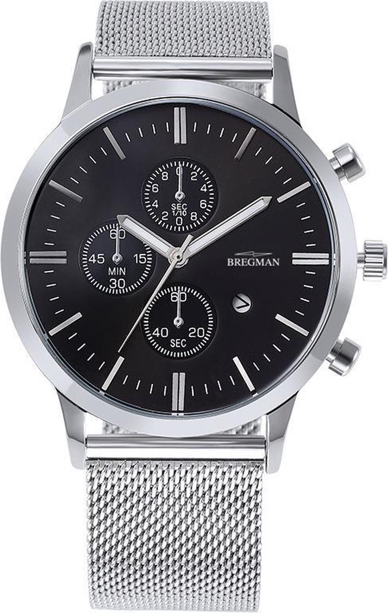 Bregman BMC-051 - Horloge - Mesh - Zilver/Zwart - Ø 43 mm