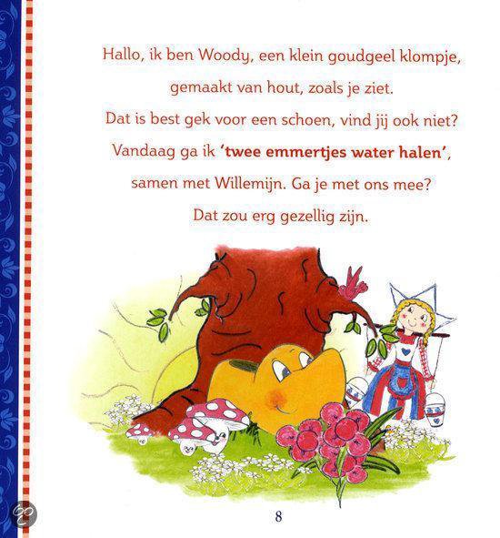 Een geanimeerde gele klomp, genaamd Woody, met gezicht en armen, staat naast een meisje in traditionele klederdracht. Ze hebben emmertjes.