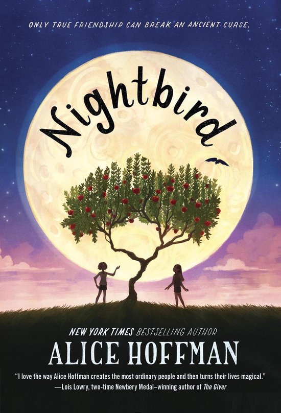 Boekcover van 'Nightbird' met twee kinderen onder een boom met rode vruchten tegen een grote maan. "ONLY TRUE FRIENDSHIP CAN BREAK AN ANCIENT CURSE."