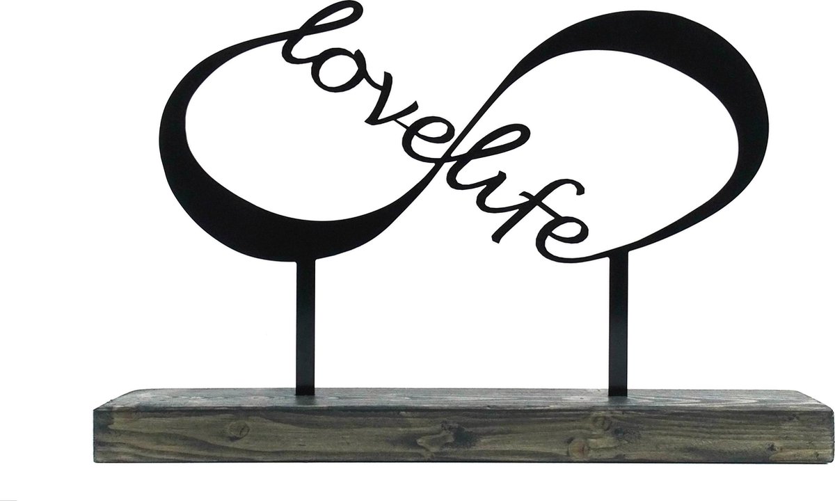 Decoratie infinity/love life - metaal in houten voet - uniek design - o.a. leuk cadeau bruidspaar , samenwonen, vriendschap - 49 cm breed