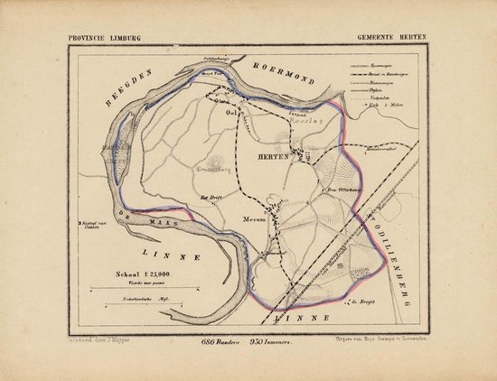 Historische kaart, plattegrond van gemeente Herten in Limburg uit 1867 door Kuyper van Kaartcadeau.com