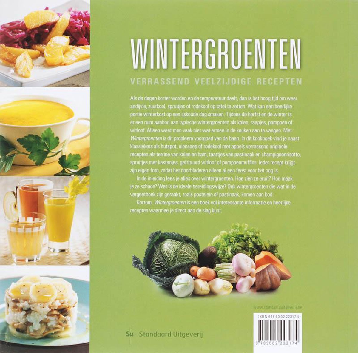 Boek "Wintergroenten" met recepten. Collage van diverse wintergroenten en gerechten.