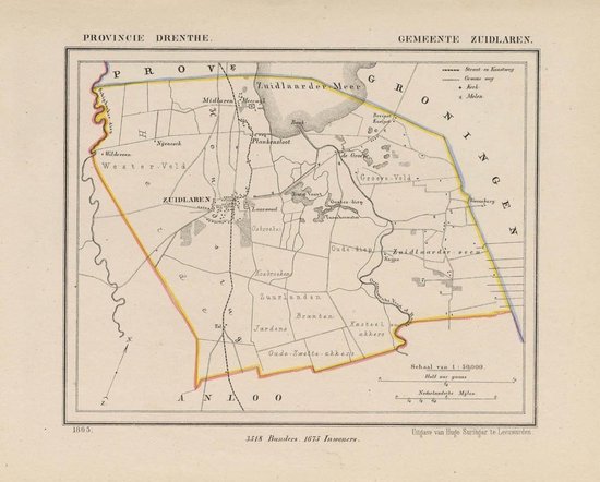 Historische kaart, plattegrond van gemeente Zuidlaren in Drenthe uit 1867 door Kuyper van Kaartcadeau.com