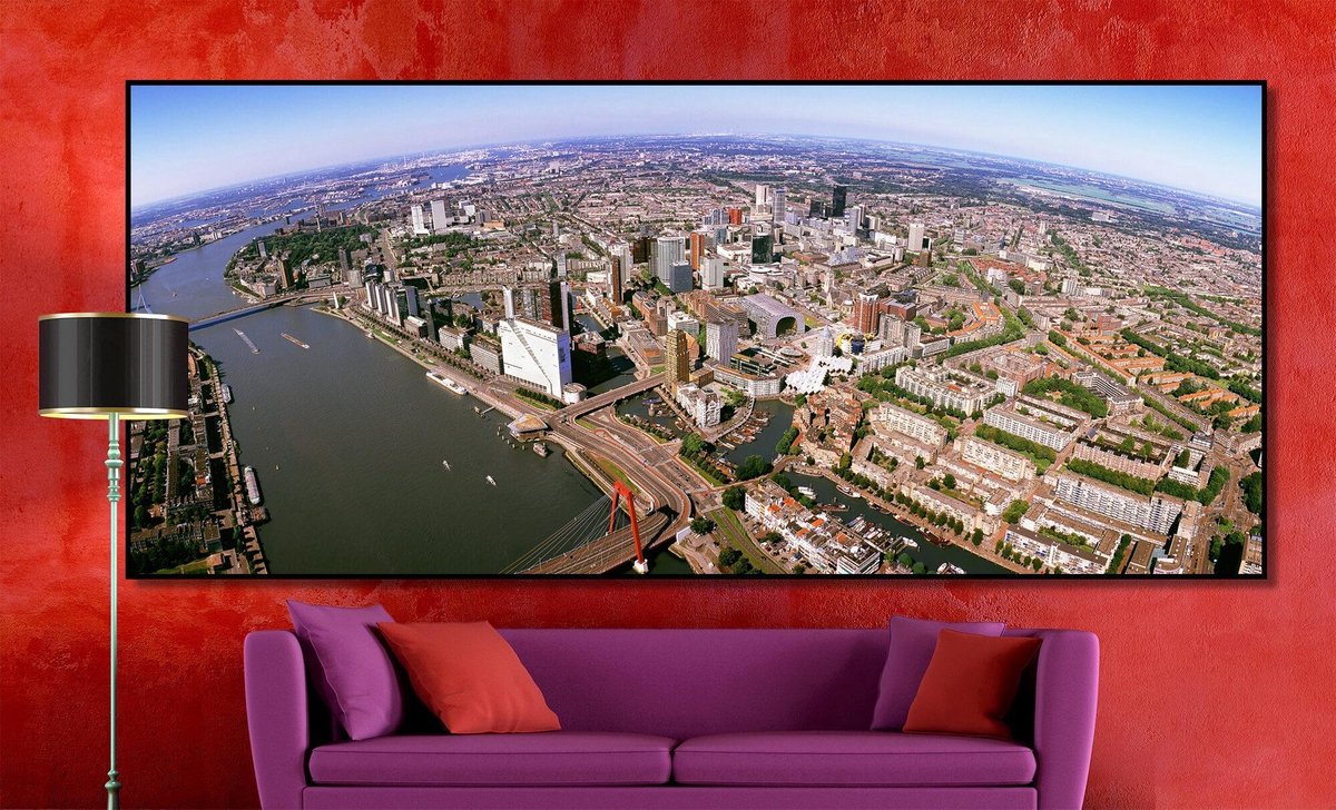 Rotterdam in Panorama | 250 x 100 cm | Foto op Canvas | Luchtfoto | Wanddecoratie | Skyline | Bijzonder Gedetailleerd