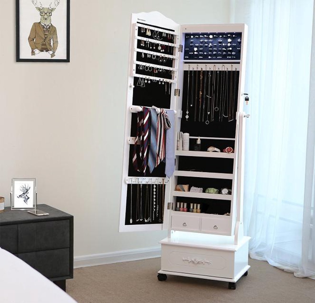 COSTWAY Sieradenkast voor kinderen, 3-in-1 spiegelkast, kantelbaar, met full-body spiegel en opbergmand, sieradenorganizer in kroonvorm voor kinderen vanaf 3 jaar (wit COSTWAY Sieradenkast voor kinderen, 3-in-1 spiegelkast, kantelbaar, met full-body spiegel en opbergmand, sieradenorganizer in kroonvorm voor kinderen vanaf 3 jaar (wit