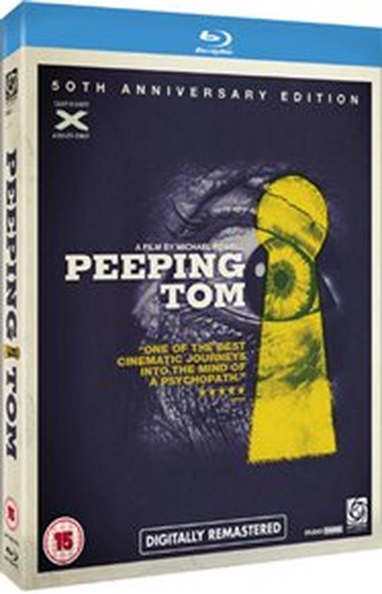 Blu-ray hoesje Peeping Tom 50th Anniversary Edition, met een sleutelgatvormige afbeelding van een oog.