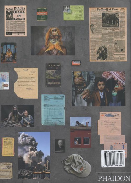 Boekomslag van 'Steve McCurry Untold: The Stories Behind the Photographs' met diverse foto's en documenten.