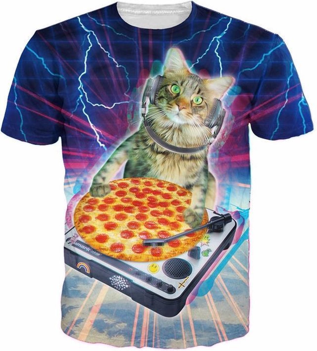 Pizza DJ Kat Festival shirt - Maat: S - V-hals - Feestkleding - Festival Outfit - Fout Feest - T-shirt voor festivals - Rave party kleding - Rave outfit - Kattenshirt - Nineties