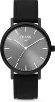 Frank 1967 7FW-0015 - Metalen horloge met lederen band - grijs en zwart -Doorsnee  42 mm
